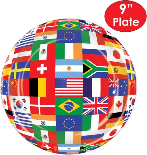 Miniatura 2 de Beistle 8 piezas de papel desechable y duradero, banderas del mundo internacional, platos de viaje temáticos para fiestas, 9 pulgadas, multicolor