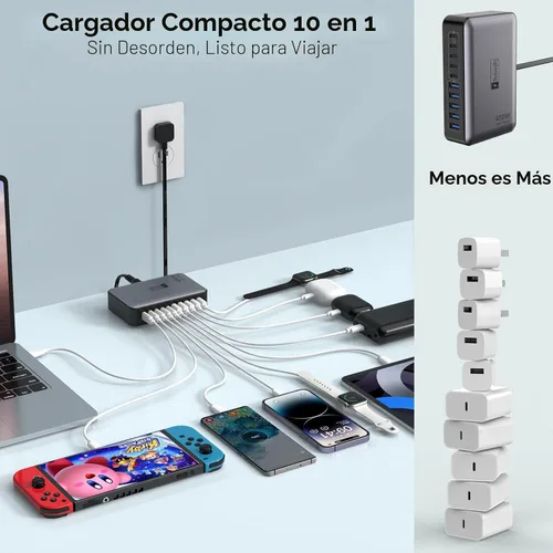Miniatura 3 de Bloque de Cargador USB C de 10 Puertos, Estación de Carga USB de 450W para Múltiples Dispositivos, 5 Tipo C + 5 USB A Concentrador de Carga GaN PD