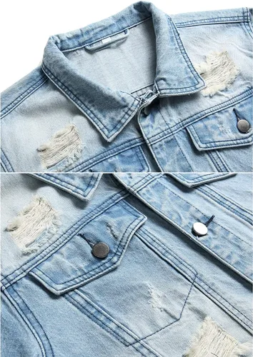 Miniatura 3 de RANMCC Chaqueta de mezclilla para hombre, chaqueta vaquera rasgada ajustada