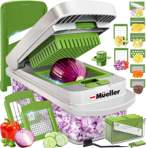 Mueller Pro-Series 10 en 1 - Picadora de verduras, 8 hojas, cebollas, cortadora en cubitos, de huevos con recipiente, cortadora de patatas fritas,