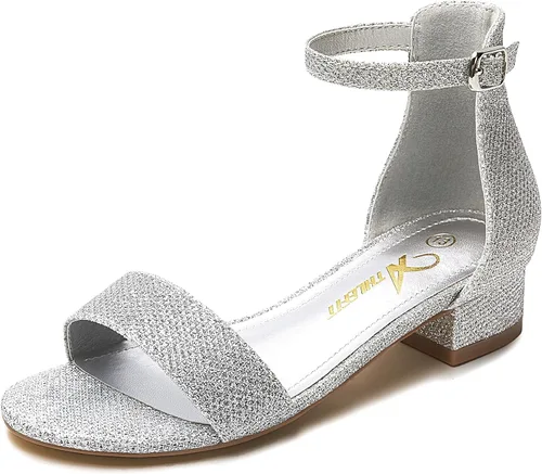 Athlefit Sandalias para niñas, puntera abierta, correa en el tobillo, tacones bajos, zapatos de vestir para niñas pequeñas y grandes