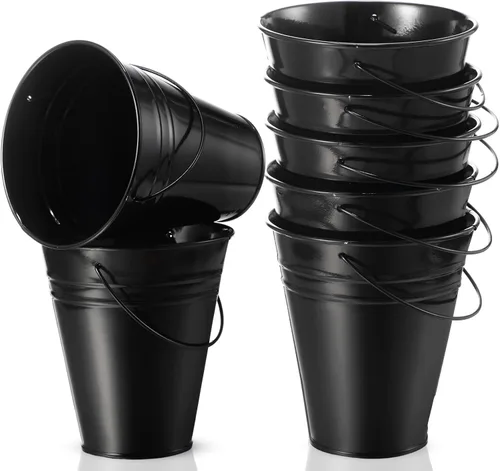 Sadnyy Paquete de 6 cubos pequeños de metal negro galvanizado con asa de 5 pulgadas, mini cubos de metal 2026 para fiesta de graduación 2026, centro