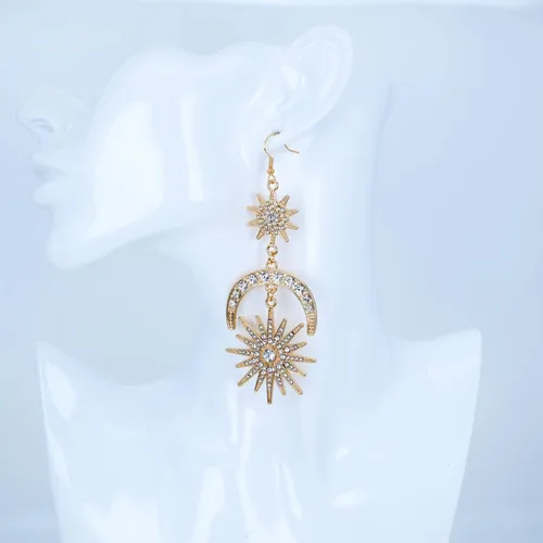 Miniatura 4 de Exaggerated - Aretes de gota con diseño de luna de sol y estrellas con diamantes de imitación punk para mujer