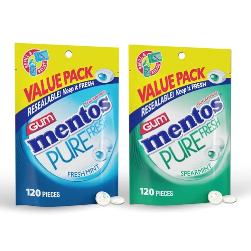 Mentos Pure Fresh - Goma de mascar sin azúcar con xilitol, menta verde, bolsa resellable de 120 piezas (paquete de 1) con chicle Mentos Pure Fresh