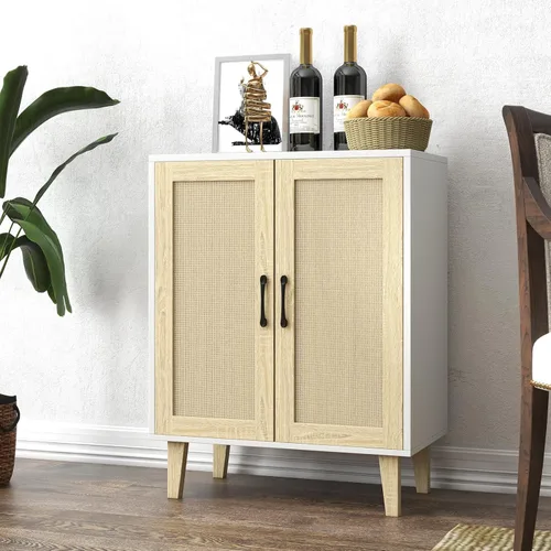 Miniatura 2 de Panana Aparador de buffet con puertas decoradas de ratán, armario de almacenamiento de cocina, armario de acento (blanco)