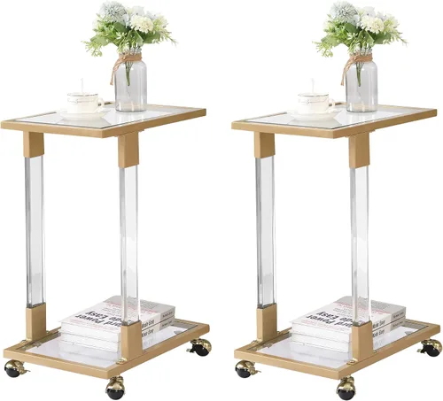 Miniatura 10 de Mesa auxiliar de cristal plateado, mesas auxiliares cromadas en forma de C con ruedas móviles, mesa acrílica, mesa C deslizante, debajo del sofá