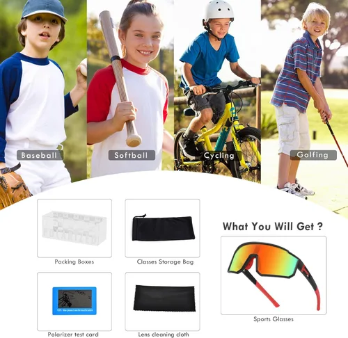 Miniatura 7 de Gafas de sol deportivas para niños, polarizadas, con protección UV400, para niños y niñas, para béisbol, softbol, ciclismo Lentes rojas con montura
