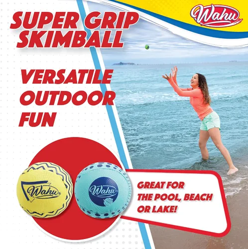 Miniatura 5 de Wahu Super Grip - Juego de 2 pelotas de skimball 100 % impermeables, para piscina y playa, salta más de 150 pies en el agua, azul/amarillo