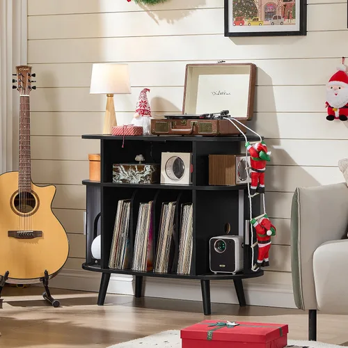 Miniatura 3 de LELELINKY - Soporte grande redondo para tocadiscos con estación de carga y estante de exhibición acanalado, gabinete para tocadiscos color negro