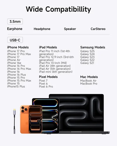 Miniatura 5 de Adaptador USB C a conector de auriculares de 3.5mm – Dongle de audio HiFi, cable tipo C a auxiliar hembra compatible con iPhone 17/16/15 Pro Max