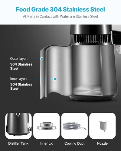 Miniatura 4 de VEVOR Destilador de Agua de 1750W, Fabricante de Agua Destilada de 0.4 Gal/H con Garrafa de Vidrio, Máquina Destiladora de Encimera de 4L/1.1 Gal