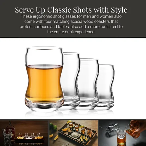 Miniatura 2 de Juego de bandejas de vuelo de tequila de madera rústica, tabla de degustación con 4 vasos de chupito y posavasos, muestra de cóctel para fiestas