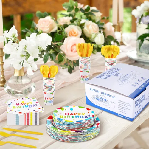 Miniatura 5 de Kochorie 400 piezas de decoraciones de fiesta de feliz cumpleaños, incluyendo platos de papel desechables, vasos, servilletas, juegos de vajilla que