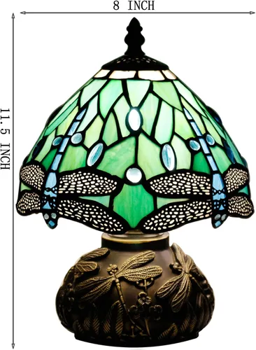Miniatura 5 de Lámpara de mesa pequeña Tiffany W8H11 pulgadas Tiffany verde libélula estilo de la lámpara de vidrieras de bronce tipo hongo base de resina mini