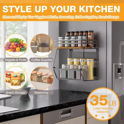 Miniatura 4 de Estante magnético para refrigerador con tapa de madera, estante magnético de gran capacidad para especias para refrigerador y cocina, contenedor