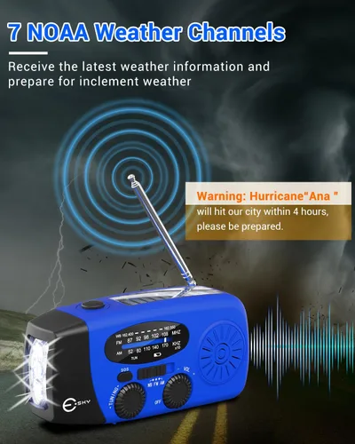 Miniatura 2 de Esky Radio de emergencia con manivela y 3 linternas LED, radio meteorológica portátil AM/FM/NOAA con cargador de teléfono de 2000mAh, radio