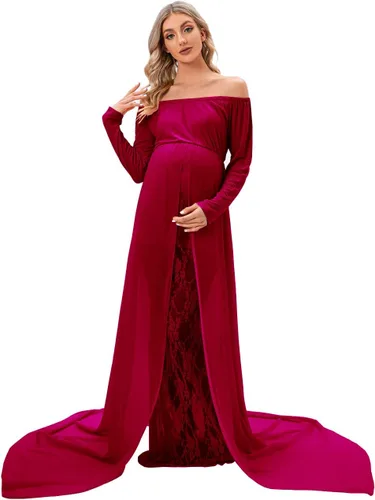 ZIUMUDY Vestido de sesión de fotos de maternidad de manga larga con hombros descubiertos, vestido de encaje ajustado con capa larga de gasa trian