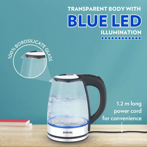 Miniatura 5 de Borosil Hervidor eléctrico de vidrio, vidrio de borosilicato, cable extralargo, protección contra ebullición, base giratoria de 360°, 1.8 L