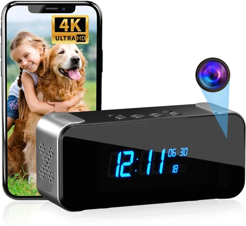 Cámara oculta con reloj despertador y Bluetooth, cámara interior inalámbrica Ultra 4K HD para seguridad del hogar, mini cámara WiFi para niñera con