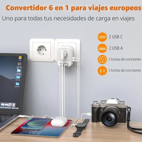 Miniatura 2 de Convertidor de voltaje de Estados Unidos a Europa con 2 puertos USB A y 2 puertos USB C de carga rápida, convertidor de corriente de 220 V a 110 V