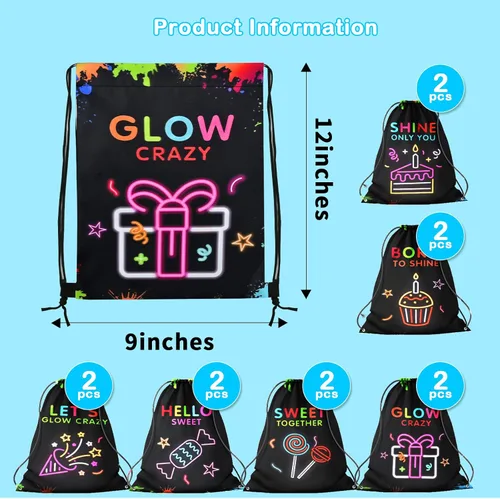 Miniatura 4 de Paquete de 12 bolsas con cordón para fiestas brillantes para cumpleaños de niños, niñas, mochila con cordón de neón brillante como bolsas de botín