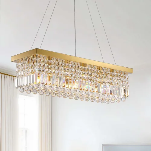 Miniatura 12 de Candelabros Modernos de Cristal para Lámpara de Comedor, Candelabro de Techo Rectangular Dorado de 6 Luces para Isla de Cocina y Sala de Estar