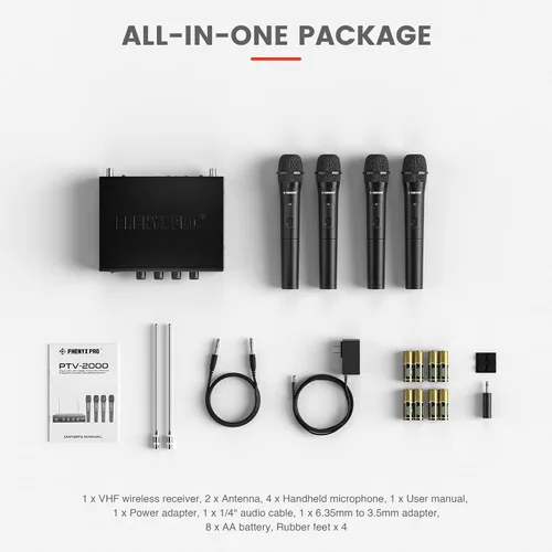 Miniatura 6 de Sistema de micrófono inalámbrico Phenyx Pro, micrófonos inalámbricos VHF de 4 canales, con 4 micrófonos dinámicos de mano, receptor de metal, largo