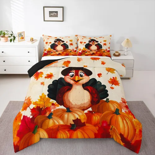 Miniatura 48 de Erosebridal Juego de edredón individual de pavo de Acción de Gracias, juego de ropa de cama de calabaza con hojas de otoño para niños y adultos