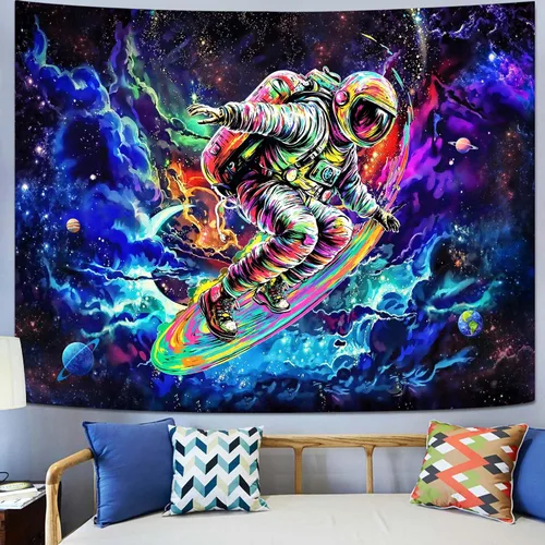 Miniatura 9 de kampdream Tapiz de astronauta de surf espacial, colgante de pared de arte cósmico y galaxia planetaria, póster de decoración genial