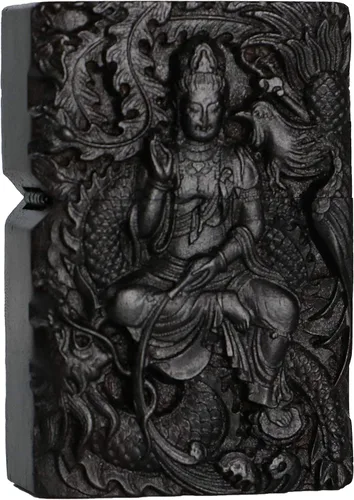 Carcasa exterior tallada en madera negra de ébano natural para kit de inserción Zippo (Kwan Yin Goddess Dragon Phoenix)
