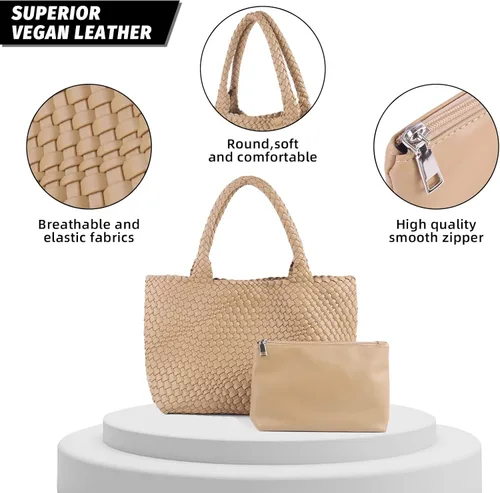 Miniatura 2 de Vipost Bolsa de mano tejida para mujer, bolsa de playa grande de cuero vegano con bolso, bolso de viaje con asa superior, bolsas de hombro tejidas