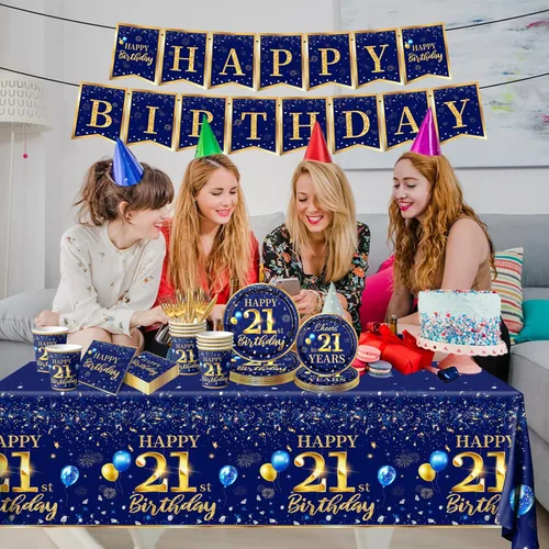 Miniatura 2 de Decoración de cumpleaños número 21 para hombre, juego de vajilla de cumpleaños azul marino y dorado de 142 piezas (reserva para 20), incluye