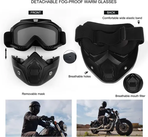 Miniatura 2 de Gafas de montar para casco de motocicleta con máscara facial extraíble, gafas cálidas desmontables a prueba de niebla, filtro de boca ajustable