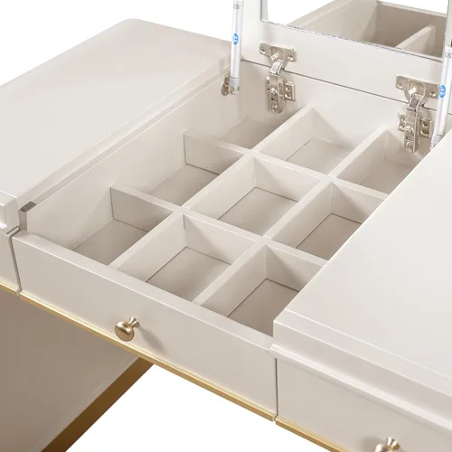 Miniatura 9 de Escritorio clásico de madera con espejo abatible, tocador 3 en 1 con 2 cajones y espacio de almacenamiento para dormitorio, champán