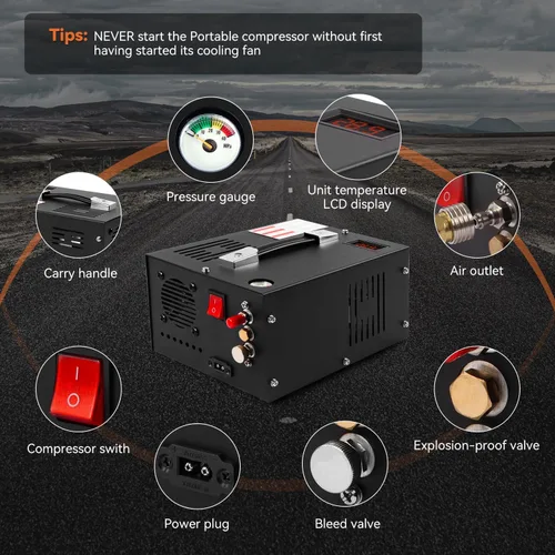 Miniatura 6 de Compresor de aire PCP de 350 W, 4500 Psi/30 Mpa, 12 V CC y 110 V CA, sin aceite/agua, válvula de seguridad de disco de ráfaga, ventilador