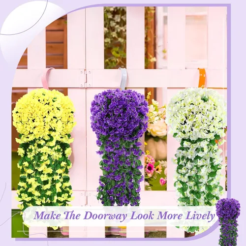 Miniatura 6 de Paquete de 10 guirnaldas de flores artificiales colgantes para boda, ceremonia, pared, hogar, fiesta, jardín, decoración al aire libre (morado)