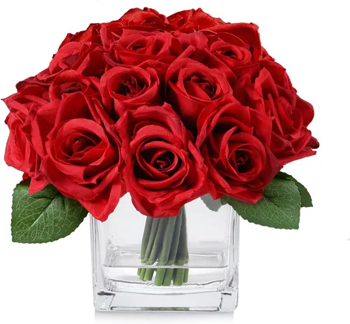 Miniatura 6 de 18 rosas rojas artificiales en jarrón, rosa falsa con jarrón para mesa de comedor, dormitorio, decoración de boda (rojo)