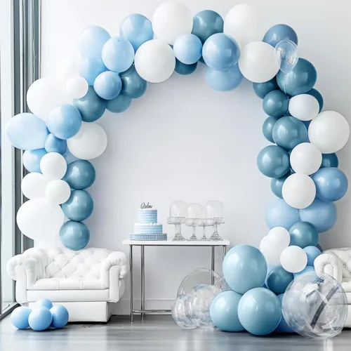 Miniatura 7 de YAOWKY Kit de arco de guirnalda de globos azul y blanco, 111 globos de látex transparente de 18, 12, 5 pulgadas, azul claro, blanco y transparente