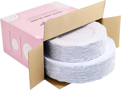 Miniatura 5 de WDF 100 platos de plástico plateado, diseño barroco de alta gama, platos blancos y plateados resistentes para fiestas de Navidad y bodas de lujo