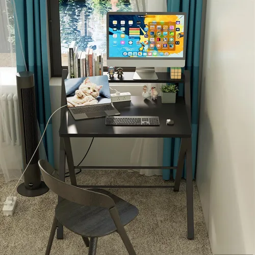 Miniatura 2 de GreenForest Escritorio plegable sin montaje, escritorio compacto de 2 niveles para computadora con estante, mesa plegable que ahorra espacio