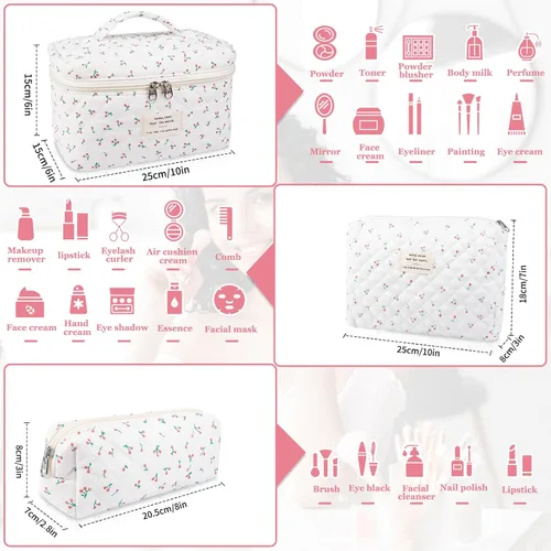 Miniatura 2 de Juego de bolsas de maquillaje, bolsa de maquillaje acolchada, bolsa grande para cosméticos florales para mujer, bonitas bolsas de maquillaje