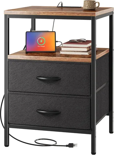 Miniatura 19 de Huuger - Mesita de noche con estación de carga, mesa auxiliar con 2 cajones de tela, mesa de centro con estante abierto, mesita de cama con puerto
