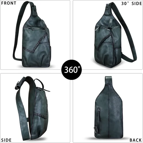 Miniatura 5 de Genuine Leather Sling Bag for Men Handmade Retro Crossbody Backpack Purse Hiking Daypack Chest Shoulder Fanny Pack