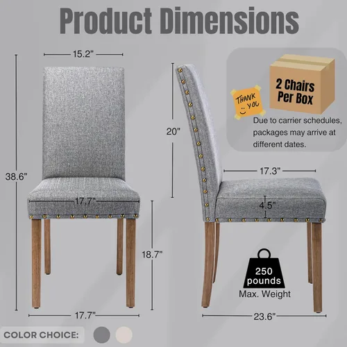 Miniatura 2 de Silla de comedor tapizada moderna y elegante Parsons con respaldo alto con ribete de cabeza de clavo de bronce y patas de madera, juego de 4, gris