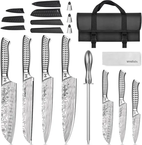 MOSFiATA Juego de cuchillos de cocina, 12 piezas de cuchillos japoneses de acero inoxidable para cocina con bolsa de almacenamiento de tela Oxford