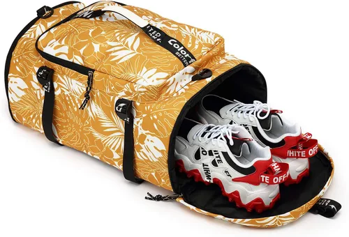 Miniatura 5 de Bolsa de lona de gimnasio Kalesi con compartimento para zapatos, mochila de 4 vías impermeable para viajes, deporte, senderismo, portátil, Amarillo