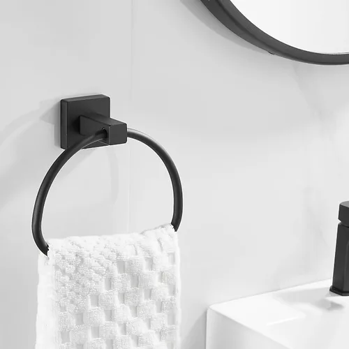 Miniatura 9 de Leyden Toallero de mano negro mate, anillo de toalla de baño, colgadores de toalla de mano de baño montado en la pared medio redondo moderno