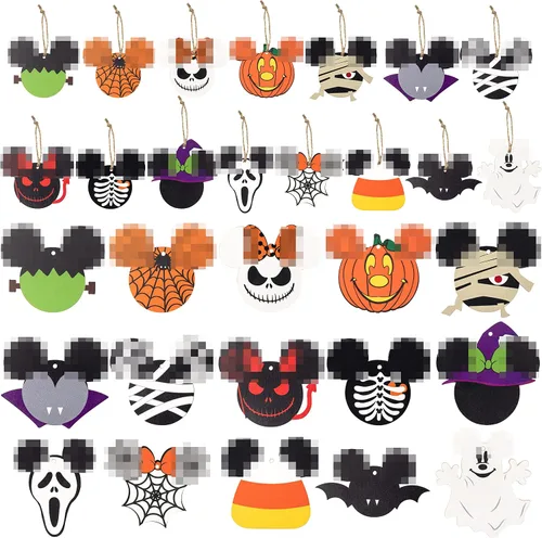 46 piezas adornos colgantes de madera de ratón de Halloween, rebanadas de madera de ratón con cuerdas para fiesta de Halloween, adorno colgante para