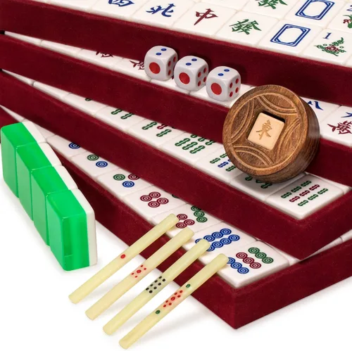 Miniatura 4 de Set de Juego Mahjong Clásico Chino de Yellow Mountain Imports, Esmeralda con 148 Azulejos Translúcidos Verdes Medianos y Estuche de Madera