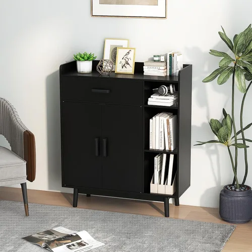 Miniatura 9 de Giantex Gabinete de Almacenamiento de Piso, Armario Independiente con 1 Cajón, 2 Puertas, 3 Estantes, 4 Patas de Madera de Caucho, Aparador, Unidad